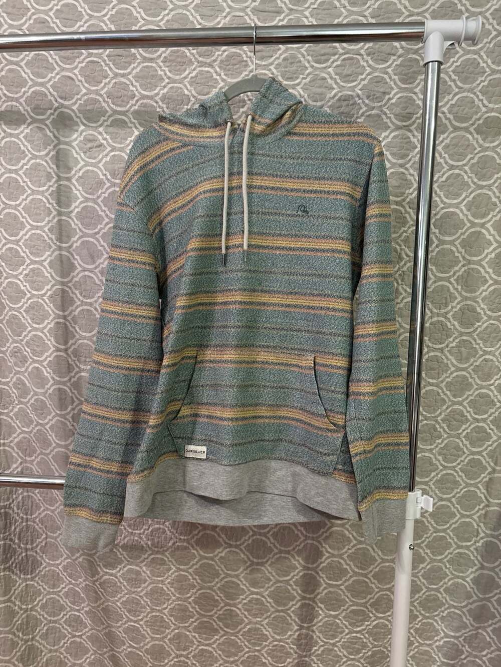 Quiksilver Striped Pullover Hoodie Teal Orange Yellow Size Large